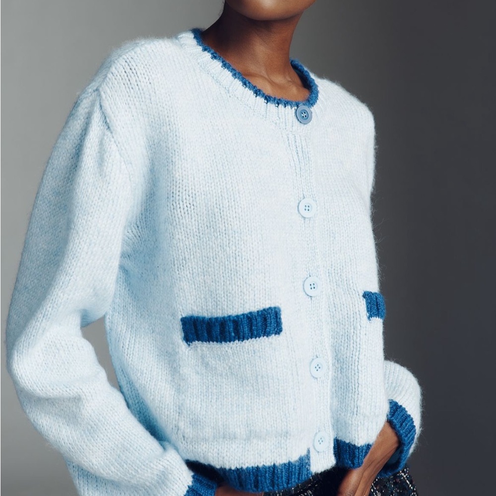Anthropologie Pale Blue Cardigan with Dark Blue Trim